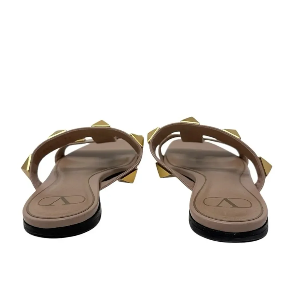Valentino Garavani Roman Stud Flat Slide Neutral Nude Beige Sandals Size 37